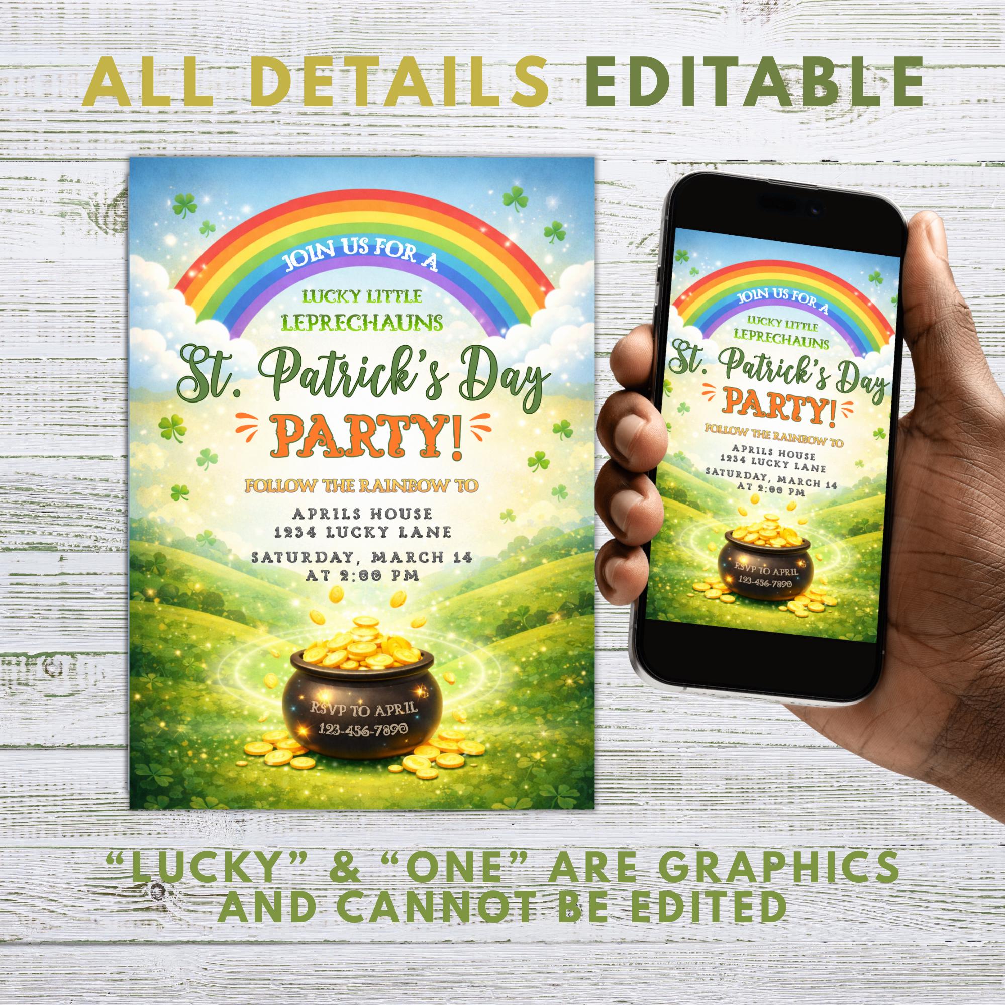 Kids St. Patrick's Day Party Invitation | Rainbow, Shamrock (Editable Digital Download)