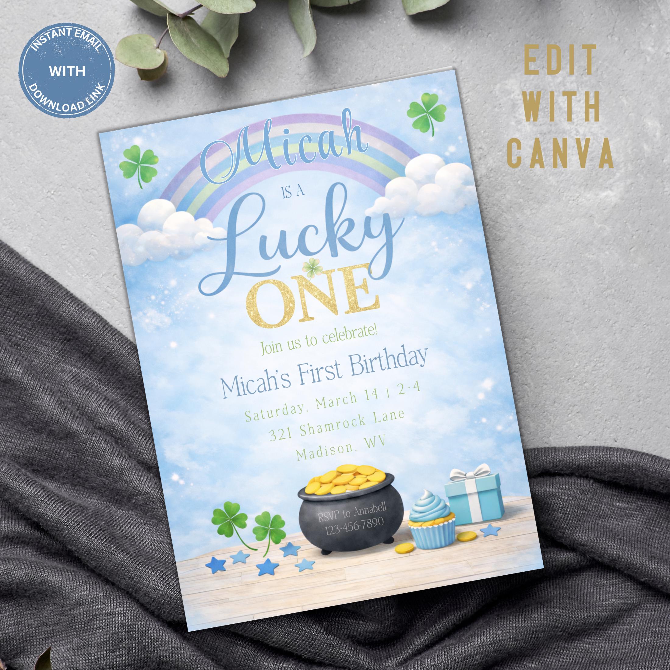 Lucky One 1st Birthday Invitation, St Patricks Day, Blue Rainbow Shamrock (Editable Template)