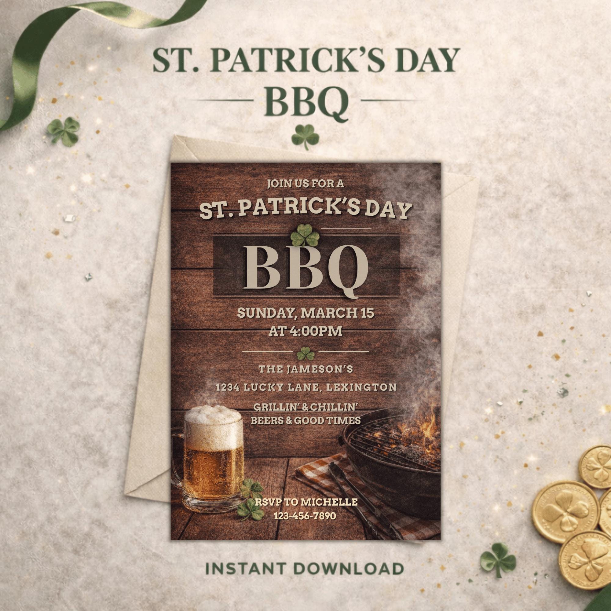 St. Patricks Day BBQ Invitation | Editable Grill Party Template (Digital Download 5x7")