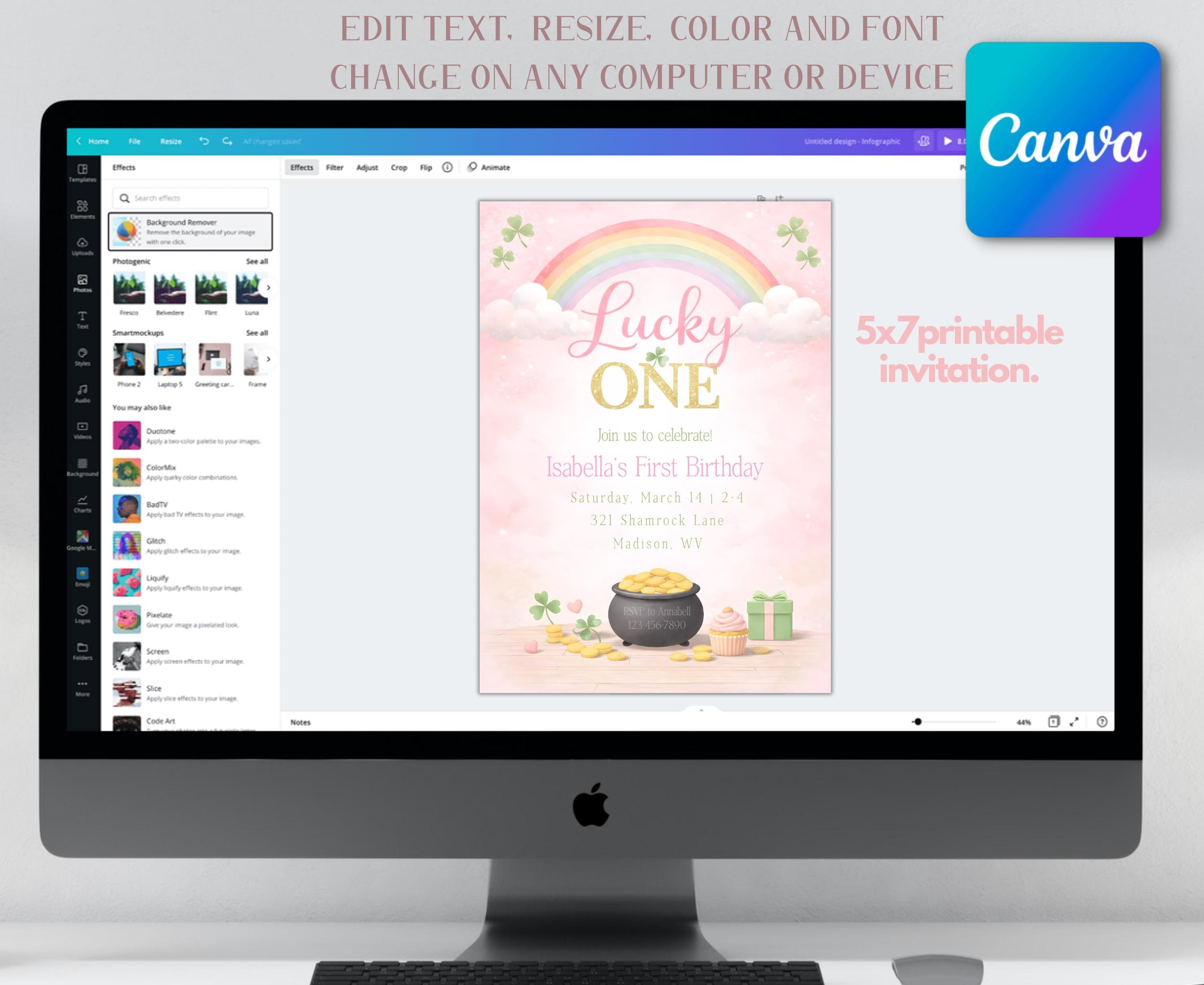 Lucky One Birthday Invitation Girl, Pink Rainbow Shamrock, St Patricks 1st Birthday