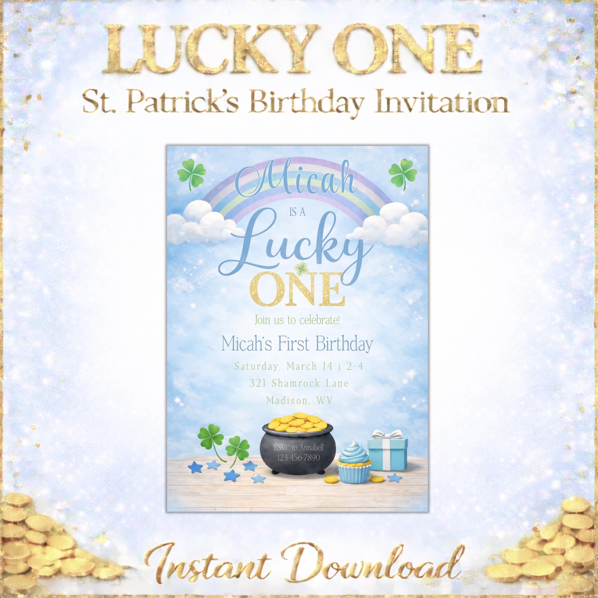 Lucky One 1st Birthday Invitation, St Patricks Day, Blue Rainbow Shamrock (Editable Template)