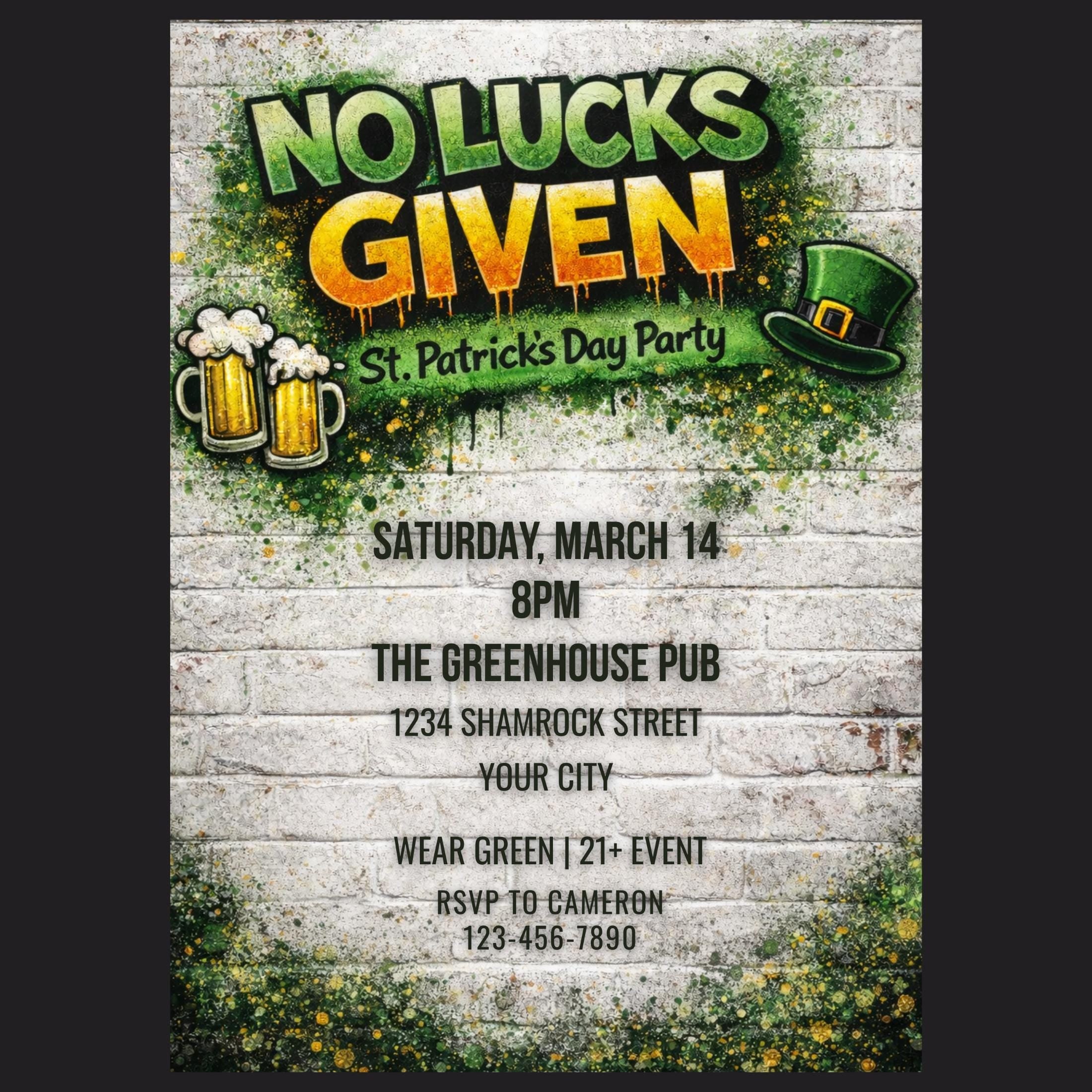 Grunge St Patricks Day Party Invitation, 21+ Bar Event (Instant Download)