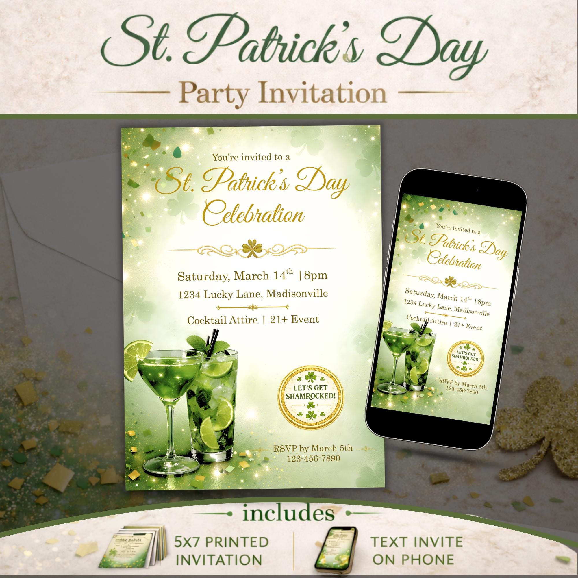 St Patricks Day Cocktail Party Invitation, Editable Template Digital Download, 5x7 Printable