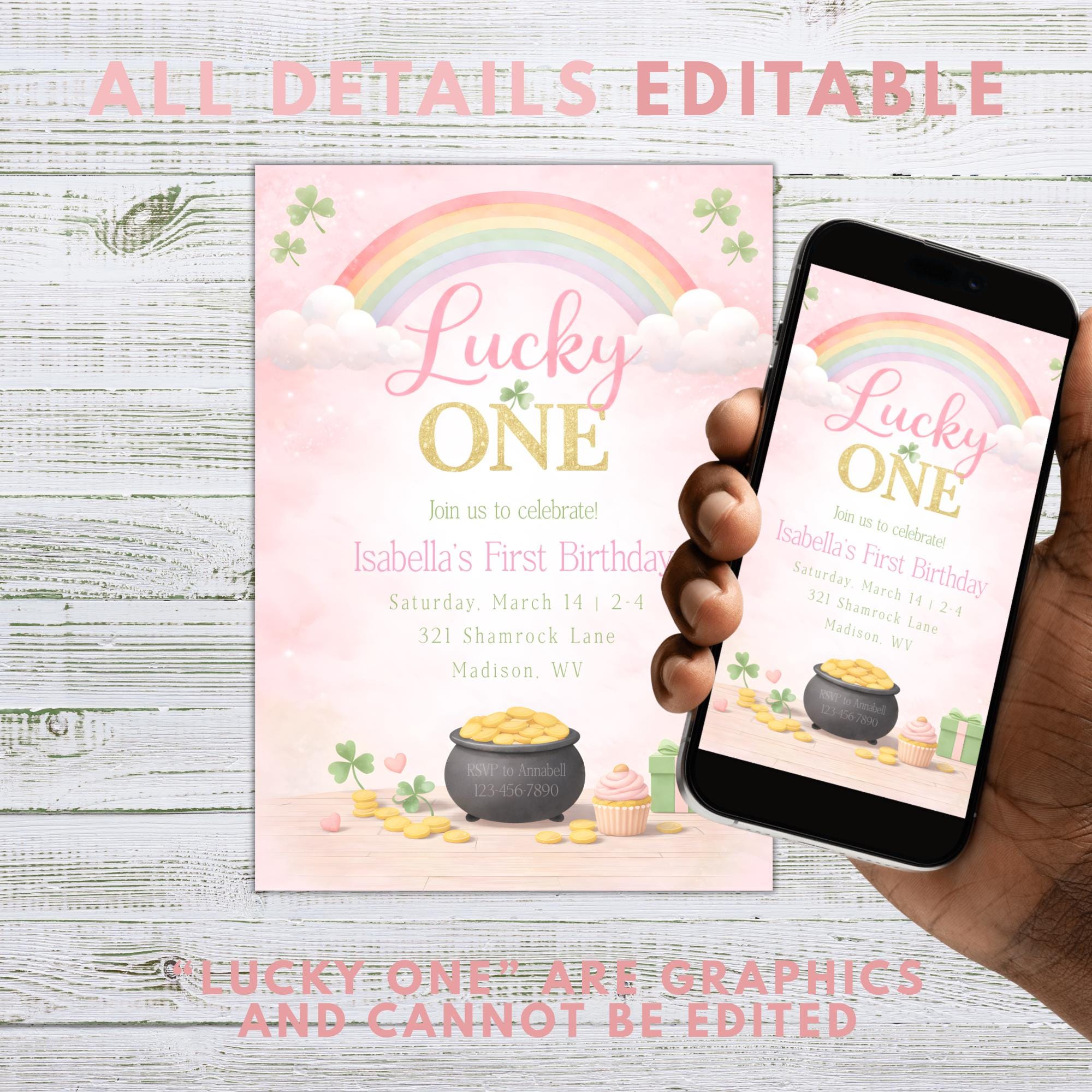 Lucky One Birthday Invitation Girl, Pink Rainbow Shamrock, St Patricks 1st Birthday