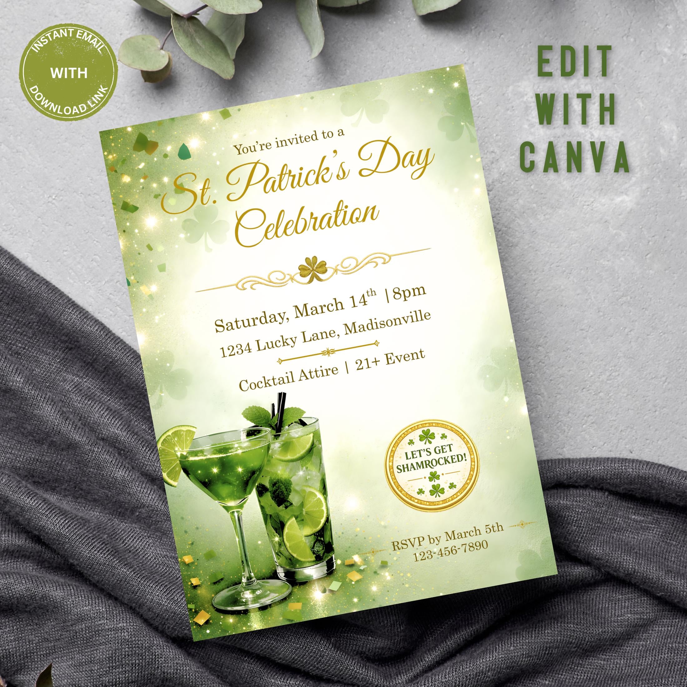 St Patricks Day Cocktail Party Invitation, Editable Template Digital Download, 5x7 Printable