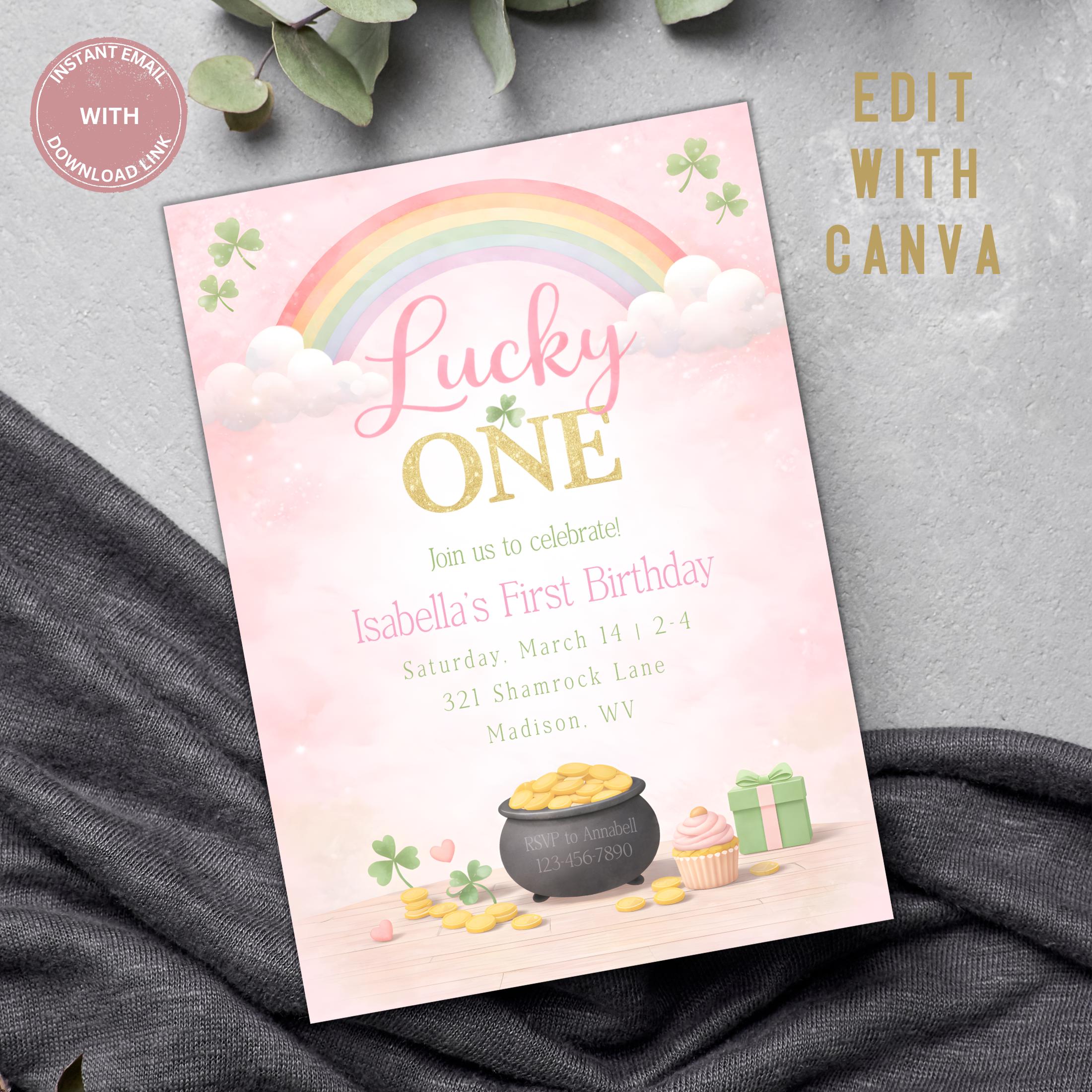 Lucky One Birthday Invitation Girl, Pink Rainbow Shamrock, St Patricks 1st Birthday