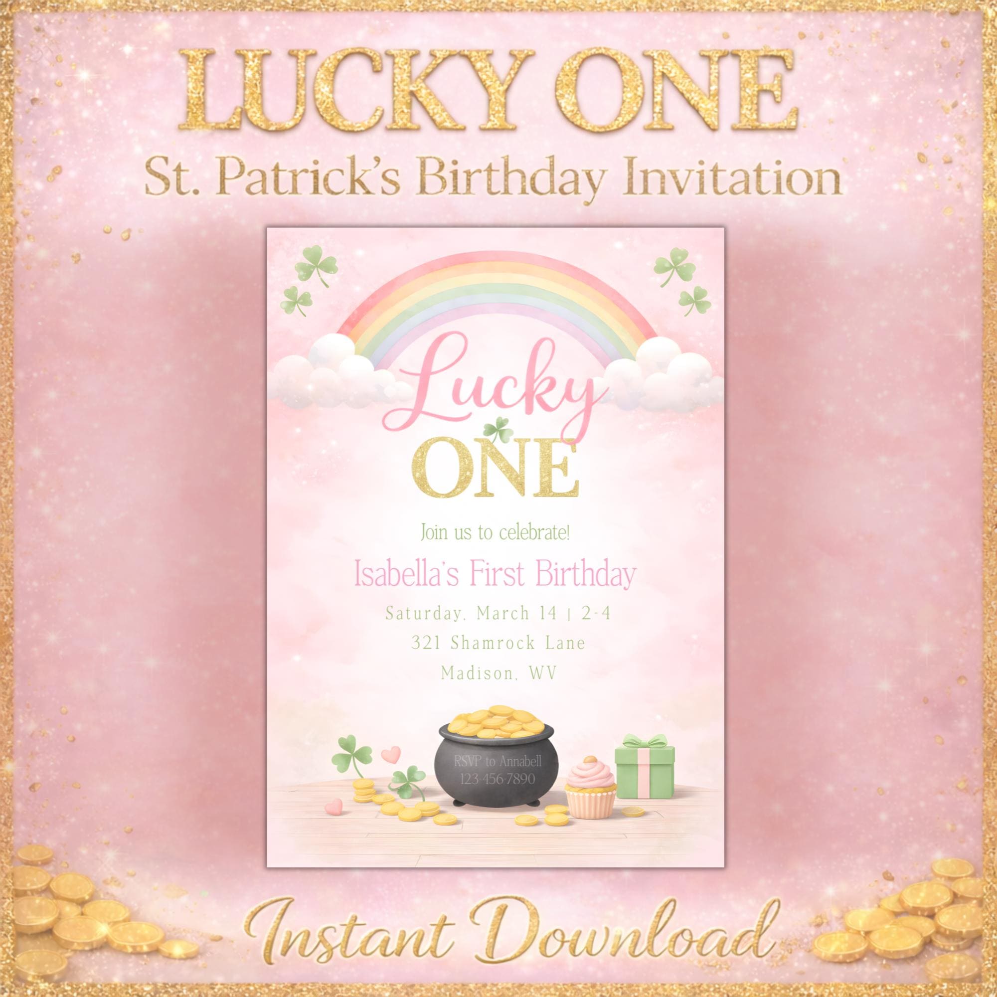 Lucky One Birthday Invitation Girl, Pink Rainbow Shamrock, St Patricks 1st Birthday