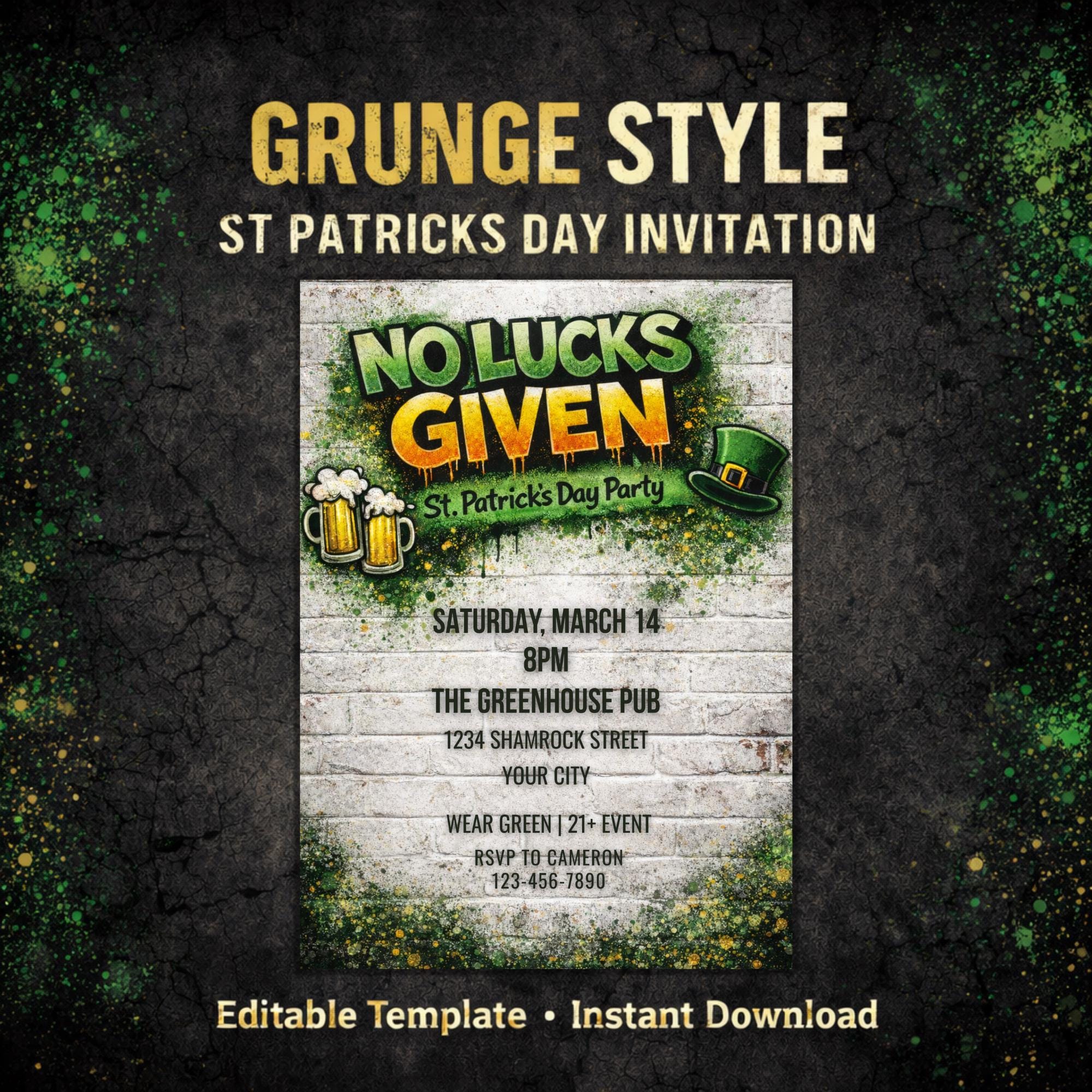 Grunge St Patricks Day Party Invitation, 21+ Bar Event (Instant Download)