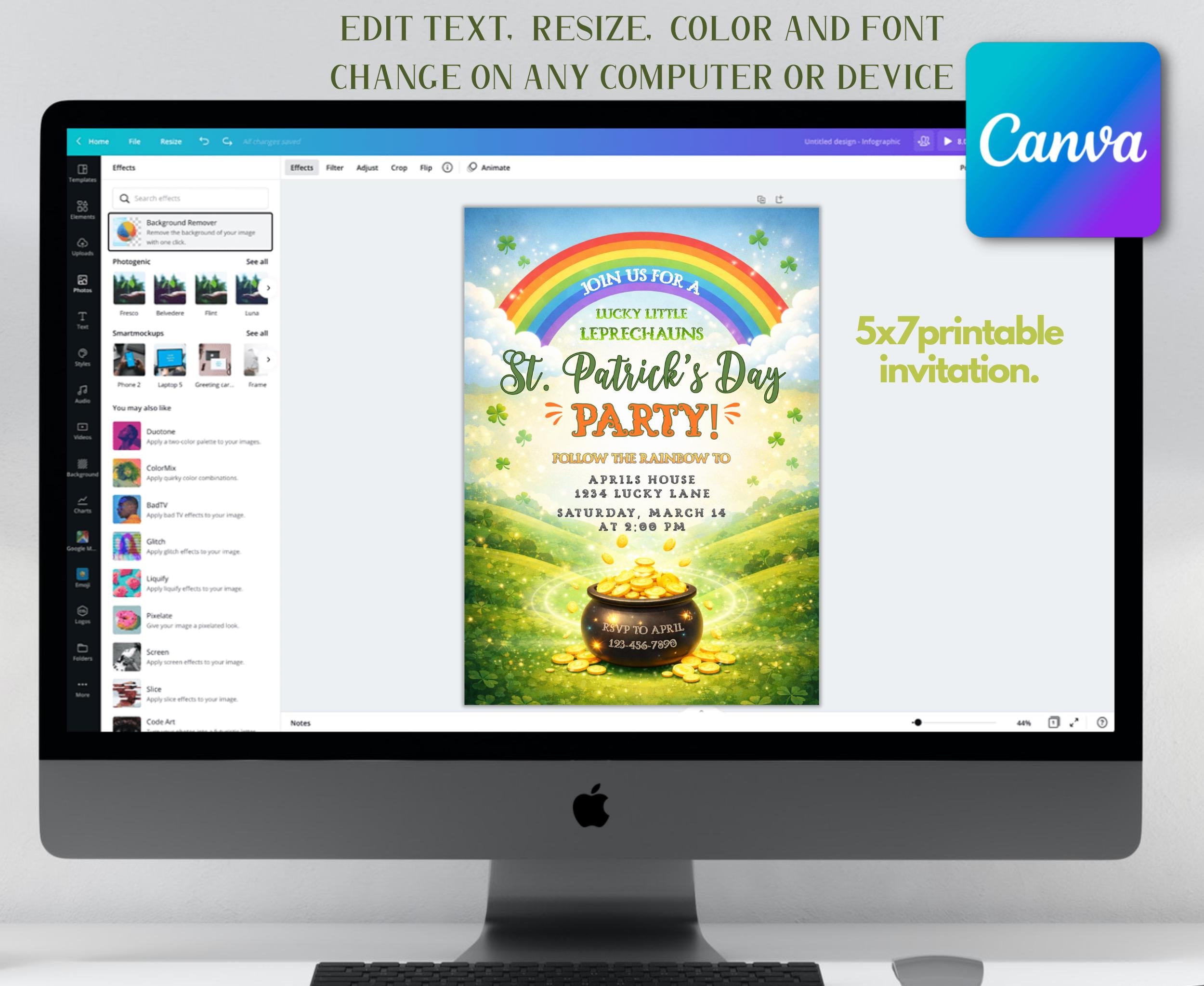 Kids St. Patrick's Day Party Invitation | Rainbow, Shamrock (Editable Digital Download)