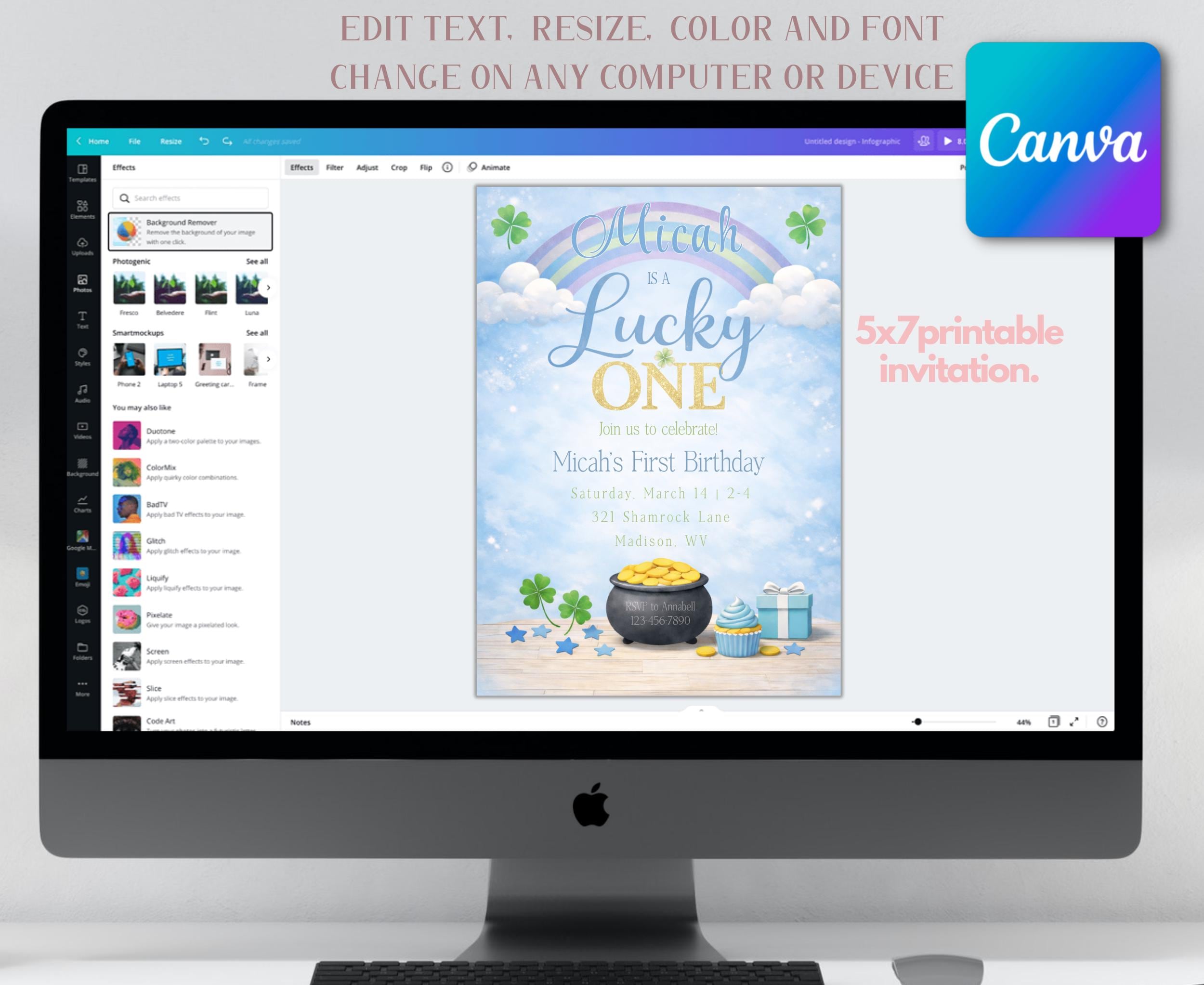 Lucky One 1st Birthday Invitation, St Patricks Day, Blue Rainbow Shamrock (Editable Template)