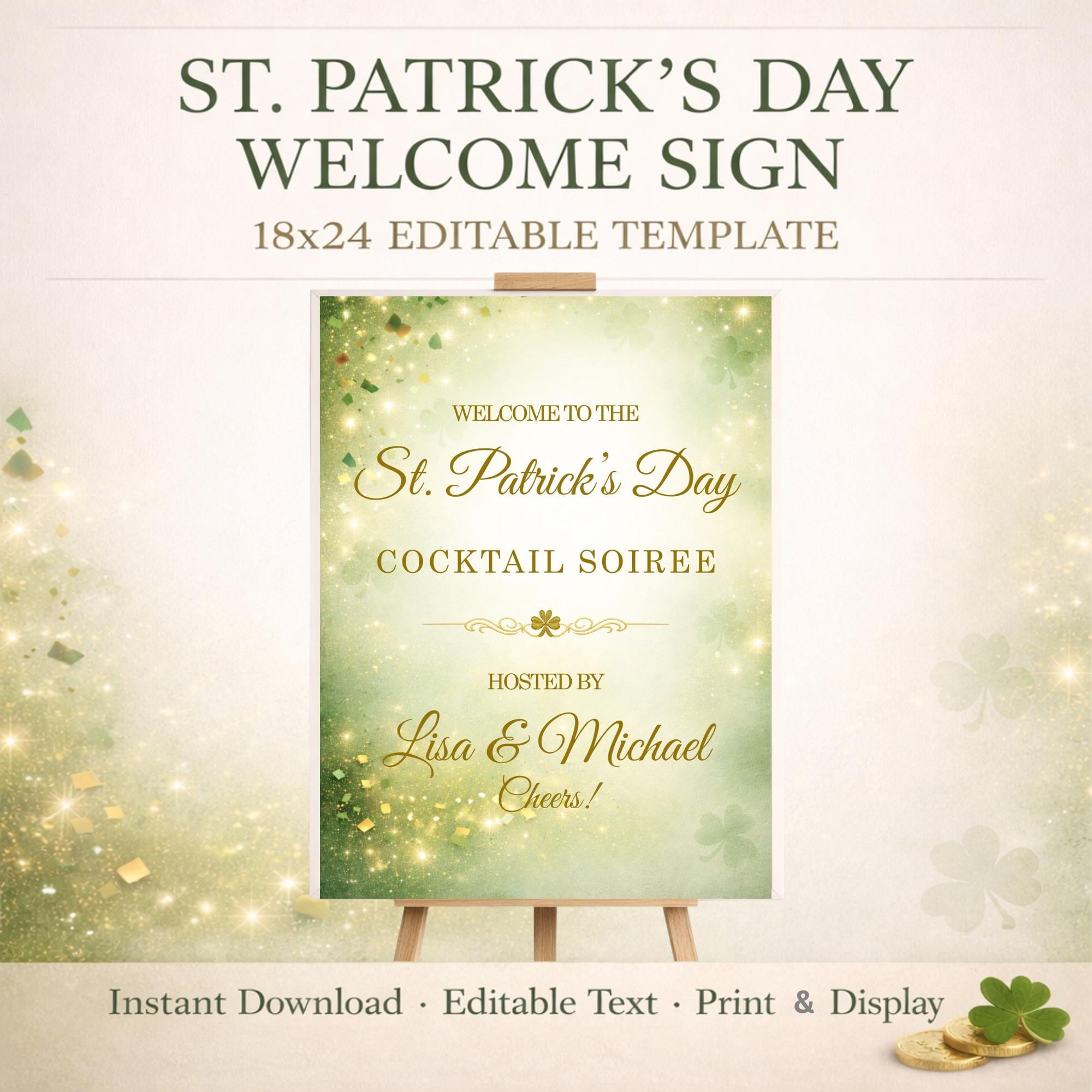 St Patrick's Day Welcome Sign | Green & Gold Cocktail Party Decor (Digital Download)