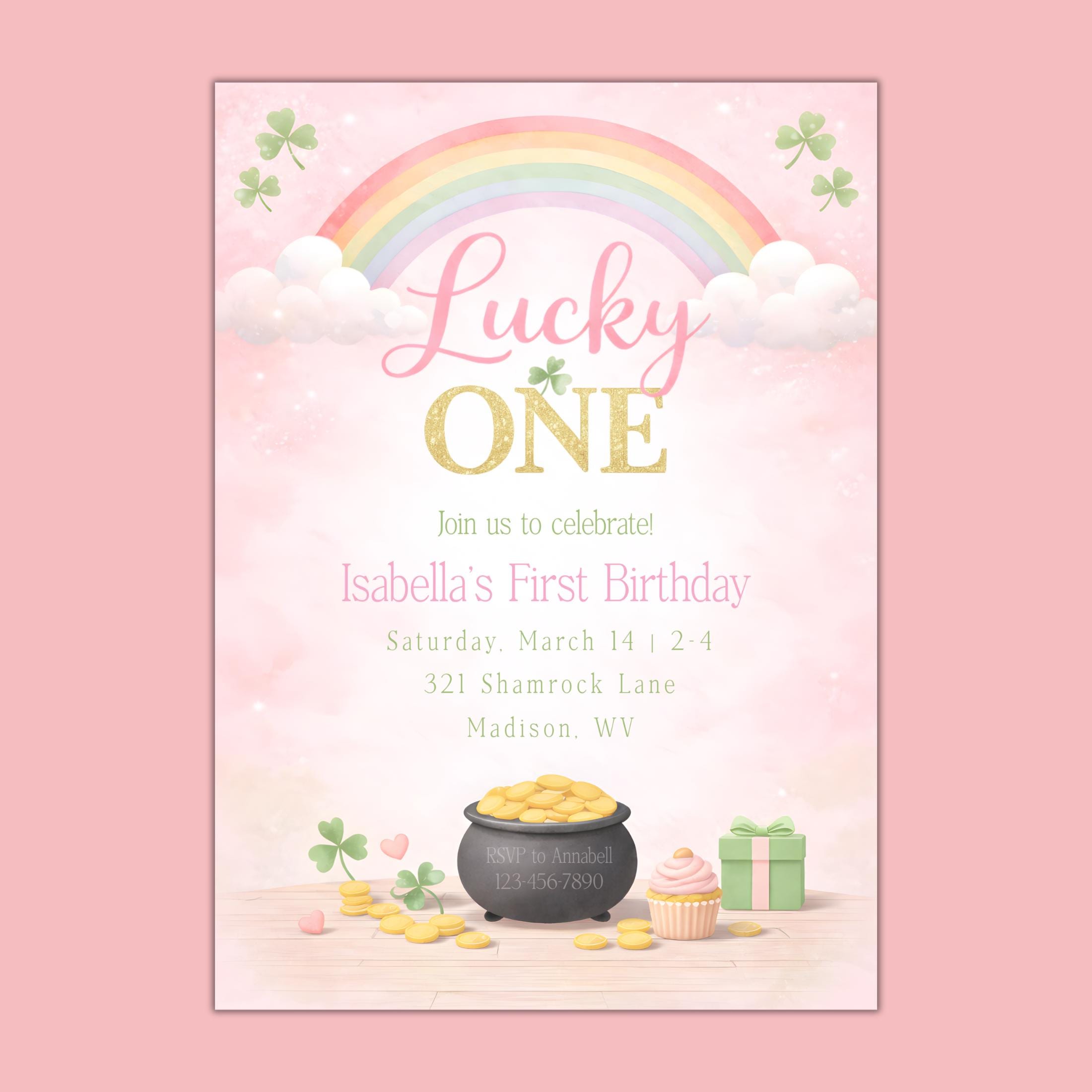 Lucky One Birthday Invitation Girl, Pink Rainbow Shamrock, St Patricks 1st Birthday