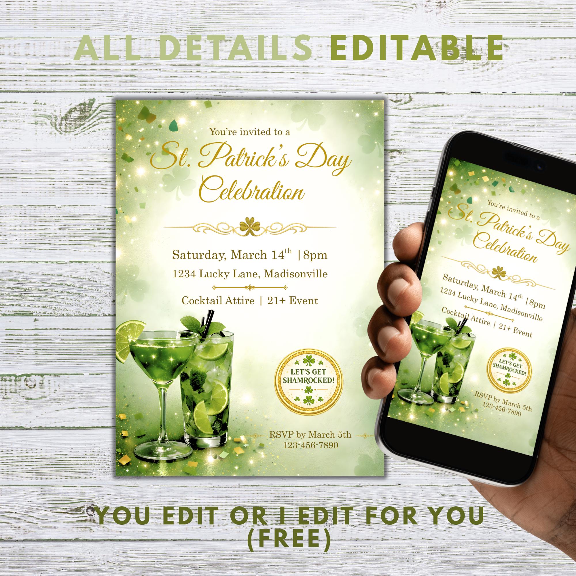 St Patricks Day Cocktail Party Invitation, Editable Template Digital Download, 5x7 Printable