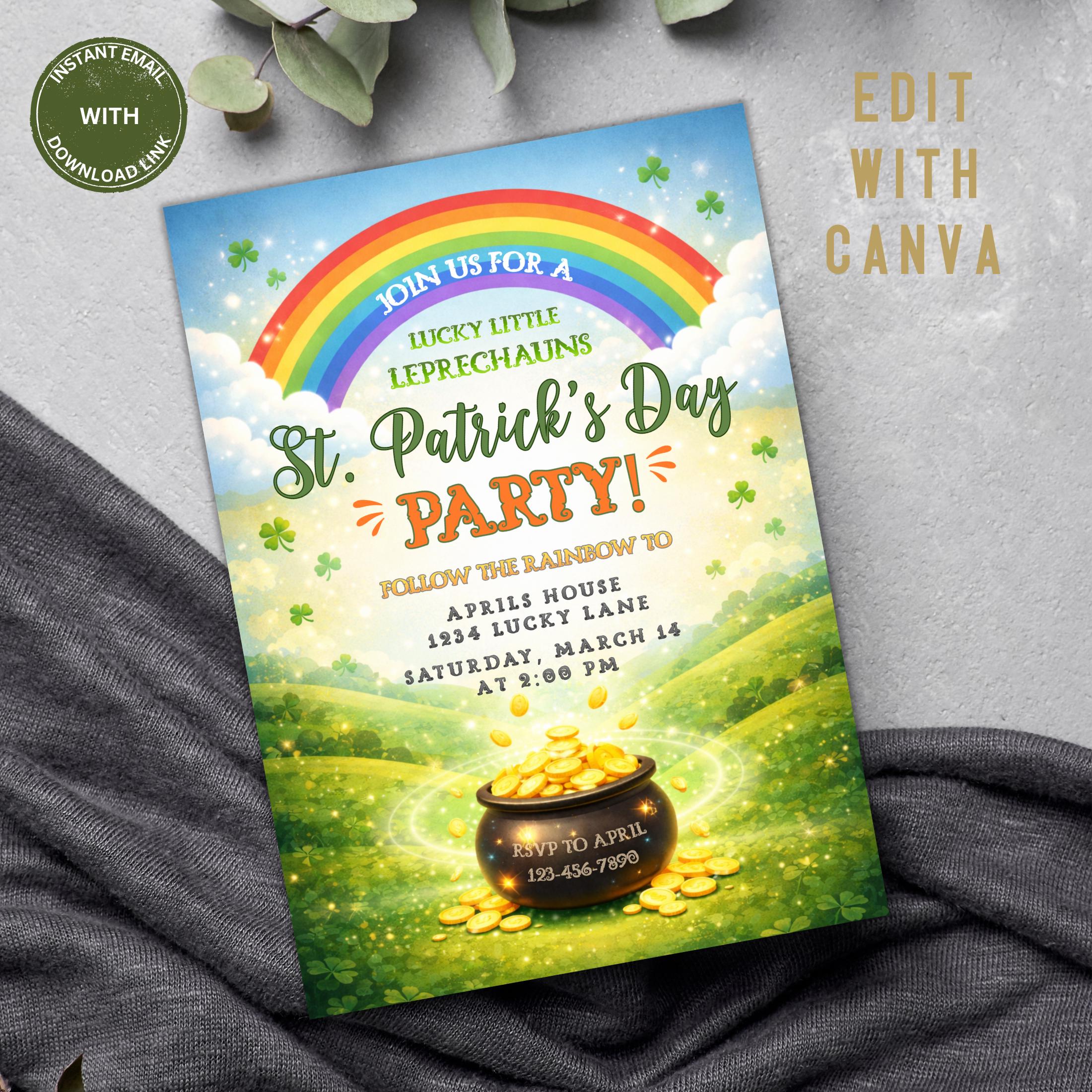 Kids St. Patrick's Day Party Invitation | Rainbow, Shamrock (Editable Digital Download)