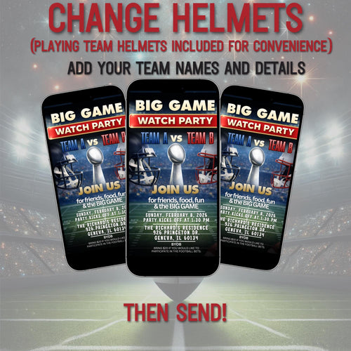 2026 LX football watch party mobile invitation | The Big Game text or print invite | game on, friends food and football