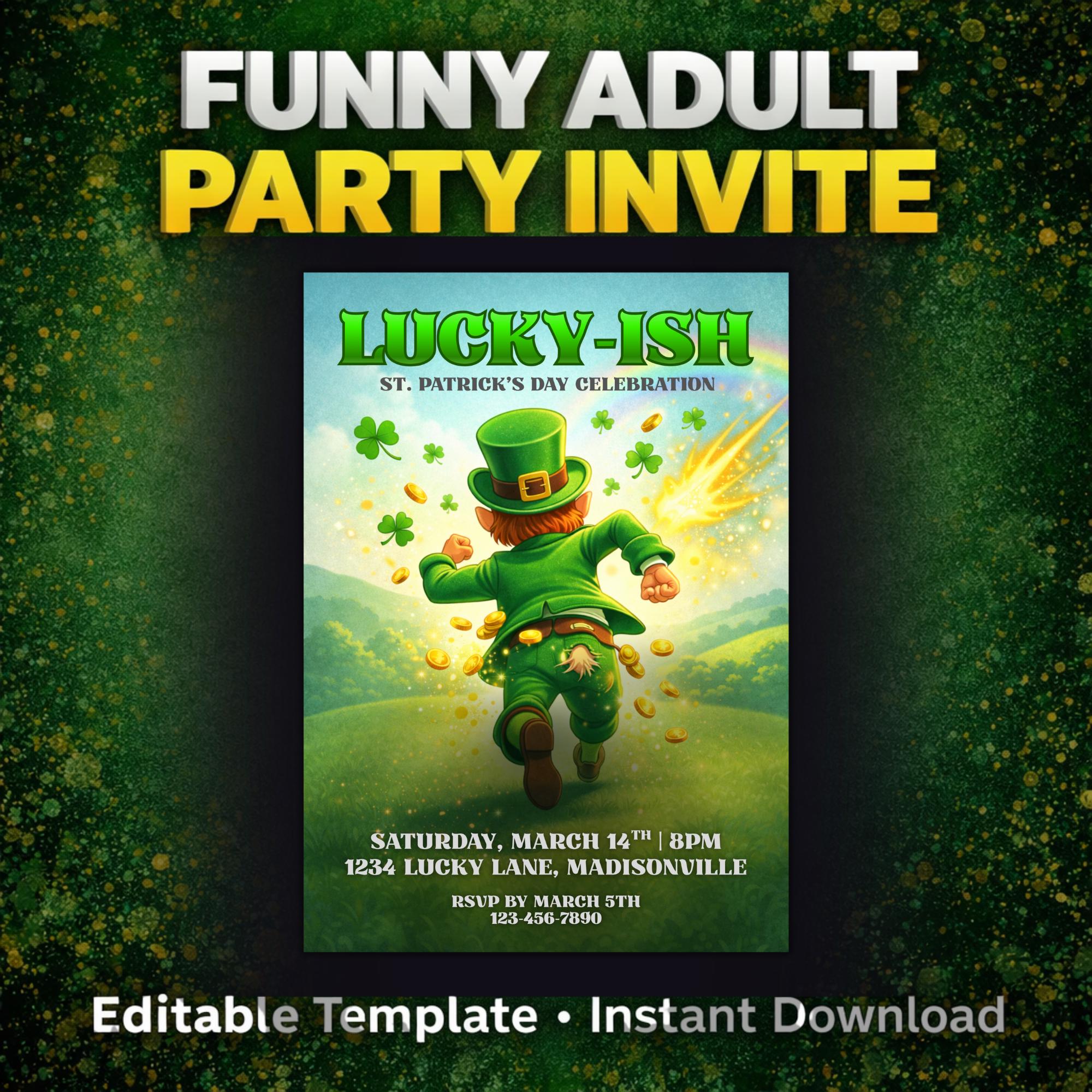 Funny St Patricks Day Party Invitation | Adult Leprechaun, 21+ (Instant Download)