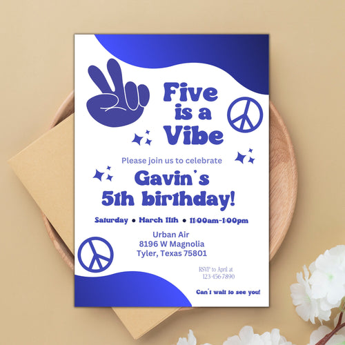 70s Navy Blue Birthday Invitation, Retro Five is a Vibe Digital Download