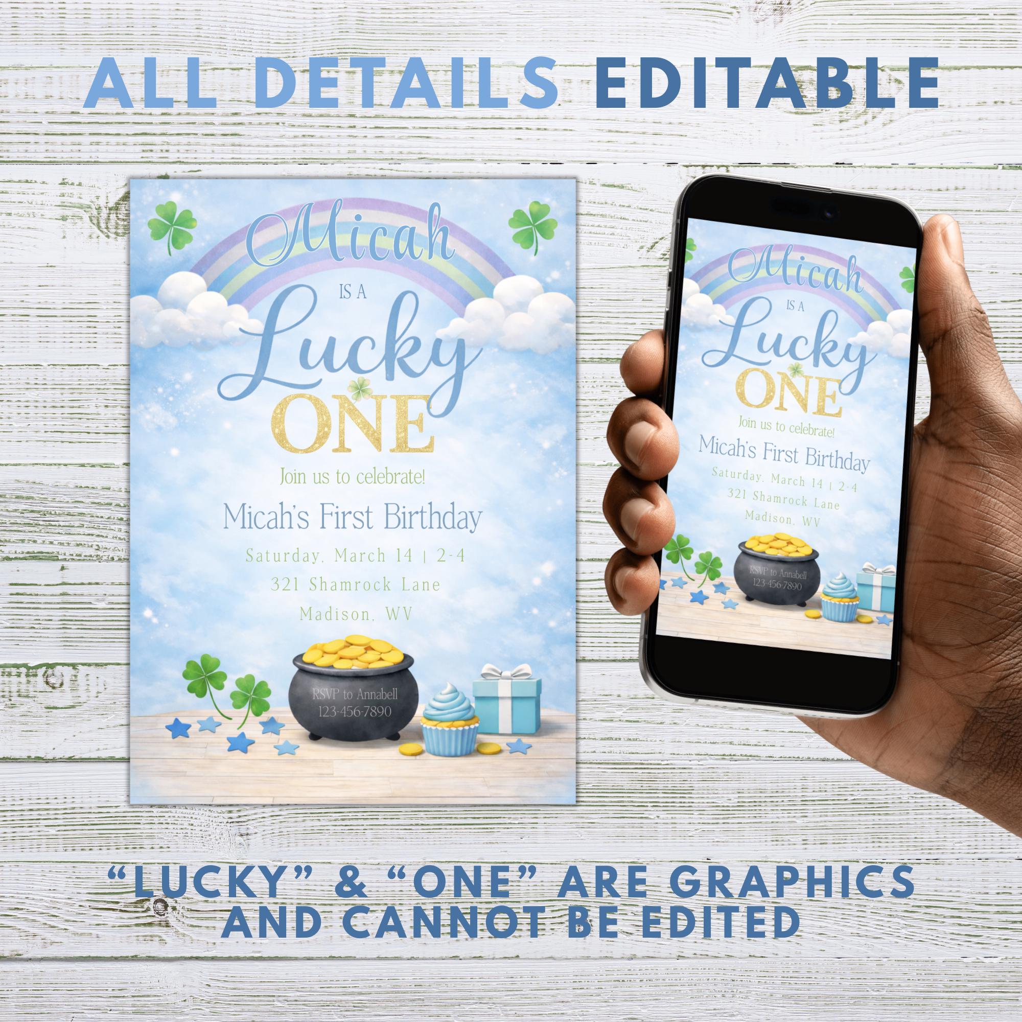 Lucky One 1st Birthday Invitation, St Patricks Day, Blue Rainbow Shamrock (Editable Template)