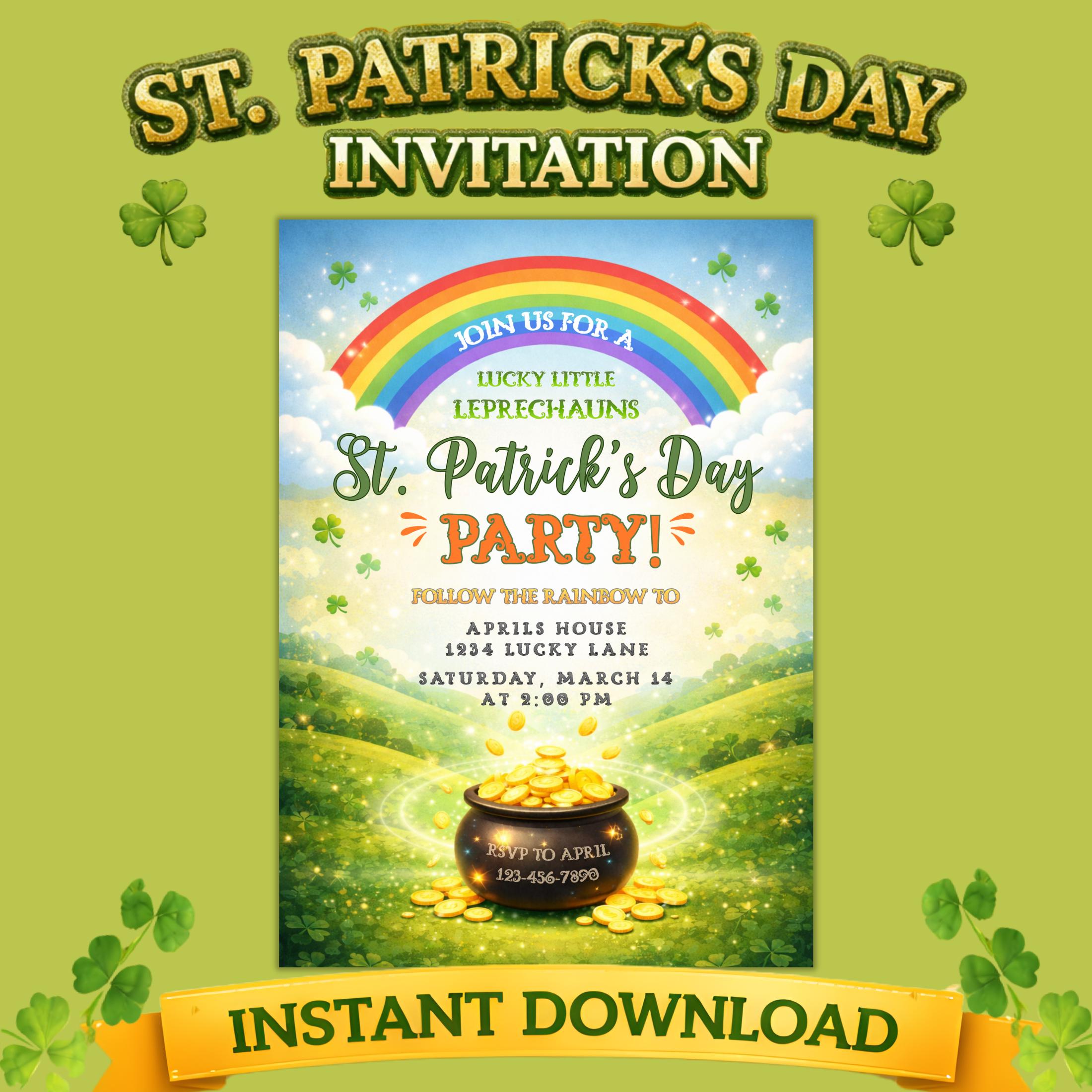 Kids St. Patrick's Day Party Invitation | Rainbow, Shamrock (Editable Digital Download)